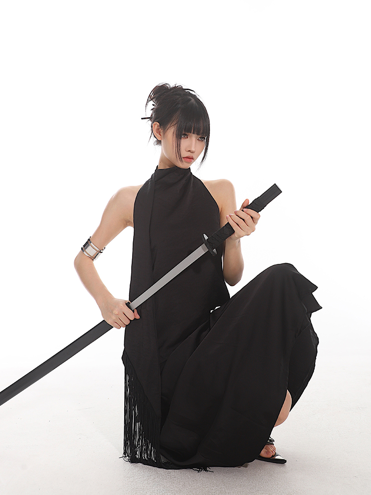 Chinese Style Dark Satin Halter Backless Vest and Mermaid Skirt Set - Slimming Elegant Outfit for Y2K and 90s Fashion Chinese Style Dark Satin Halter Backless Vest and Mermaid Skirt Set - Slimming Elegant Outfit for Y2K and 90s Fashion