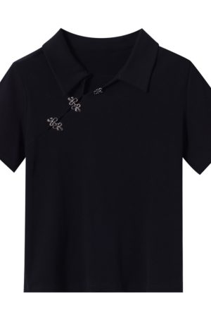 Chinese-Style Retro Short Sleeve T-Shirt for Women, Plus Size Polo Top, Spring Summer National Design, Vintage Aesthetic