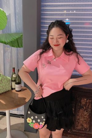 Chinese-Style Retro Short Sleeve T-Shirt for Women, Plus Size Polo Top, Spring Summer National Design, Vintage Aesthetic