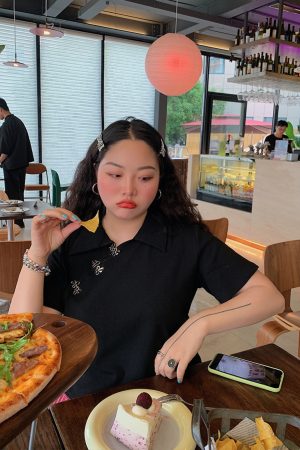 Chinese-Style Retro Short Sleeve T-Shirt for Women, Plus Size Polo Top, Spring Summer National Design, Vintage Aesthetic