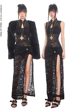 Chinese Style Sheer Lace High-Slit Dress â€“ Sexy Long Skirt for Women, Elegant Evening Wear, Perfect for Y2K and Modern Fashion Trends