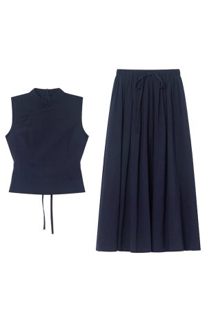 Chinese-Style Stand-Collar Vest and Half-Skirt Set for Women - Summer High-End Slimming Two-Piece Outfit