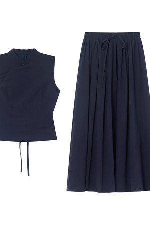 Chinese-Style Stand-Collar Vest and Half-Skirt Set for Women - Summer High-End Slimming Two-Piece Outfit