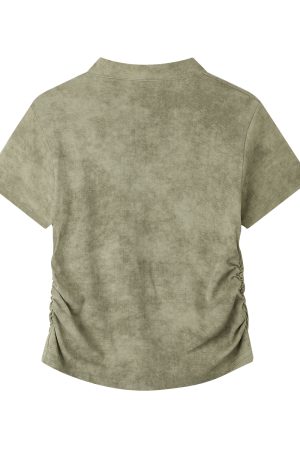 Chinese Style Tie-Dye Short Sleeve T-Shirt for Women, Summer Embroidery Pleated Waist Top, Boho National Wind Fashion