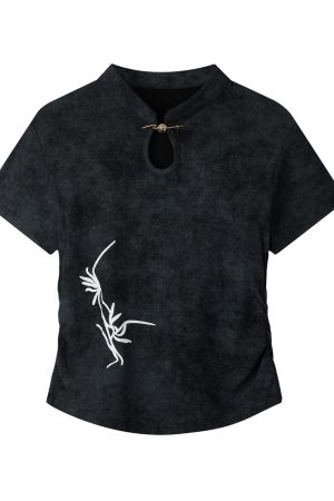 Chinese Style Tie-Dye Short Sleeve T-Shirt for Women, Summer Embroidery Pleated Waist Top, Boho National Wind Fashion