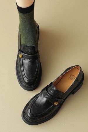 Chunky Heel Black Loafers for Women - Summer 2025 Small Leather Shoes with Camellia Design - Trendy and Stylish