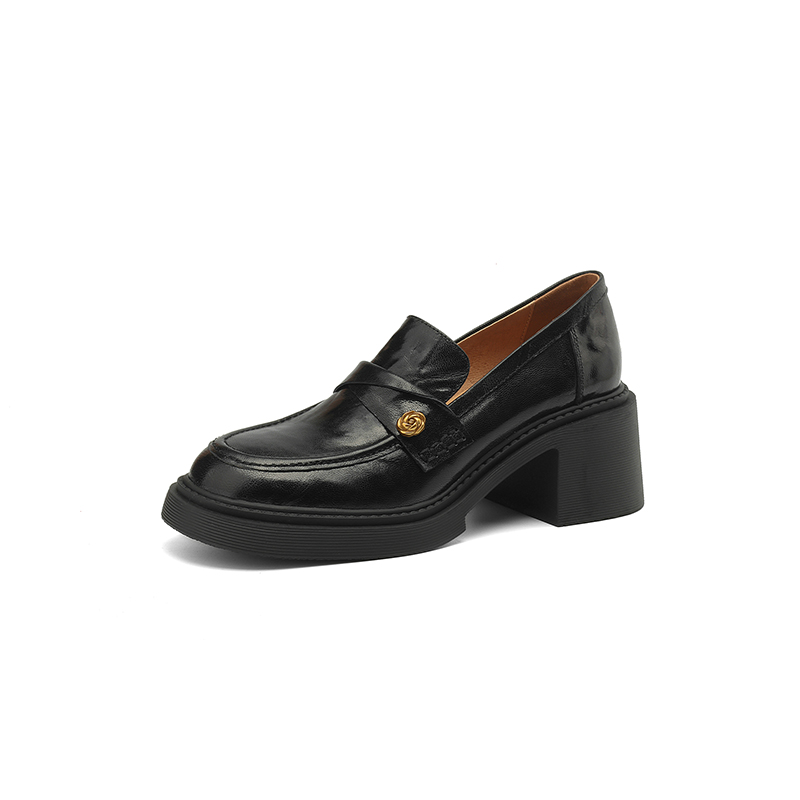 Chunky Heel Black Loafers for Women - Summer 2025 Small Leather Shoes with Camellia Design - Trendy and Stylish Chunky Heel Black Loafers for Women - Summer 2025 Small Leather Shoes with Camellia Design - Trendy and Stylish