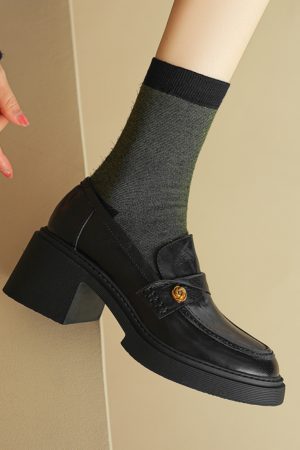 Chunky Heel Black Loafers for Women - Summer 2025 Small Leather Shoes with Camellia Design - Trendy and Stylish