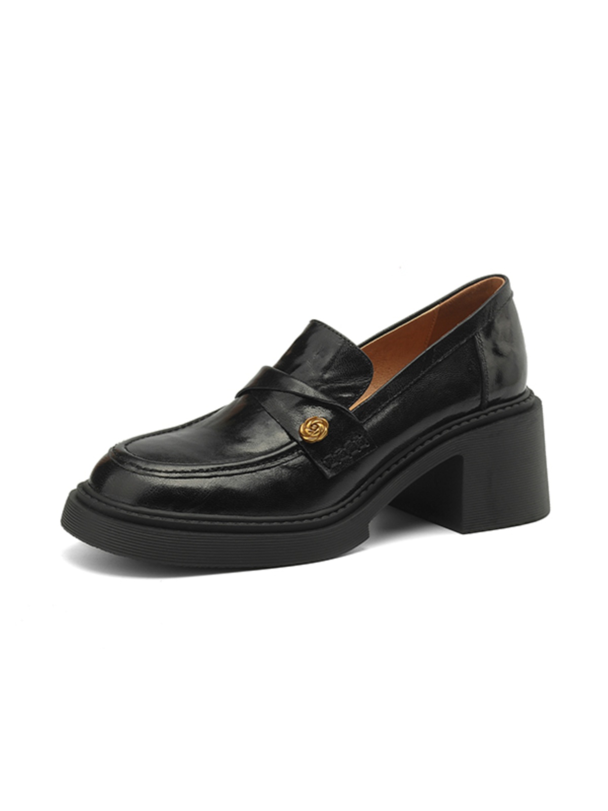 Chunky Heel Black Loafers for Women - Summer 2025 Small Leather Shoes with Camellia Design - Trendy and Stylish Chunky Heel Black Loafers for Women - Summer 2025 Small Leather Shoes with Camellia Design - Trendy and Stylish