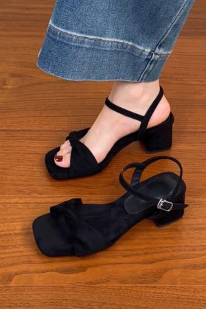 Chunky Heel Black Square Head Sandals for Women - Summer 2025 One-Word Leather Design, Trendy High Heels, Size 41