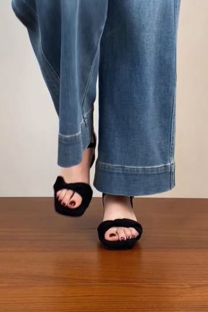 Chunky Heel Black Square Head Sandals for Women - Summer 2025 One-Word Leather Design, Trendy High Heels, Size 41