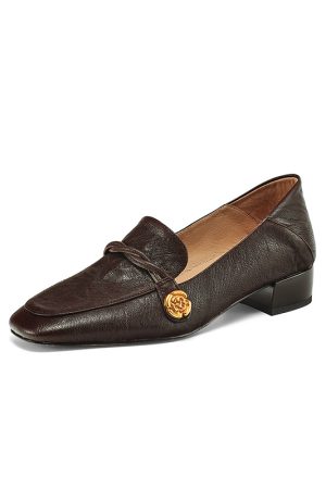 Chunky Heel Camellia Loafers for Women - Small Sheepskin Summer Shoes with Square Toe - Trendy Mid-Heel Footwear Size 41