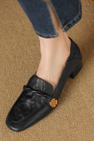 Chunky Heel Camellia Loafers for Women - Small Sheepskin Summer Shoes with Square Toe - Trendy Mid-Heel Footwear Size 41