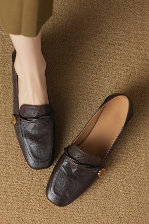 Chunky Heel Camellia Loafers for Women - Small Sheepskin Summer Shoes with Square Toe - Trendy Mid-Heel Footwear Size 41