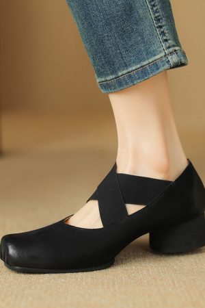 Chunky Heel Cross Strap Ballet Shoes for Women - Soft-Soled Mid Heels, 2025 Summer Style, Pig Nose Design