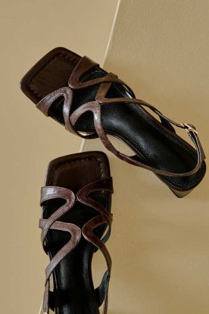 Chunky Heel Genuine Leather Open-Toe Hollow Back Strap Sandals for Women - Stylish Italian Design