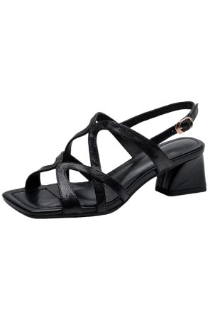 Chunky Heel Genuine Leather Open-Toe Hollow Back Strap Sandals for Women - Stylish Italian Design