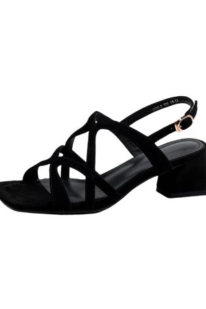 Chunky Heel Genuine Leather Open-Toe Hollow Back Strap Sandals for Women - Stylish Italian Design