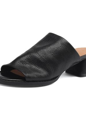 Chunky Heel Half Mules Sandals for Summer - Pure Leather One-Strap Cool Mules - Stylish Italian Summer Footwear