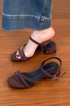 Chunky Heel Open-Toe One-Strap Sandals for Women - Summer 2025 Mid-Heel Sheepskin Footwear in Plus Sizes - Trendy Summer Style