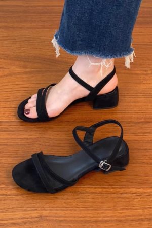 Chunky Heel Open-Toe One-Strap Sandals for Women - Summer 2025 Mid-Heel Sheepskin Footwear in Plus Sizes - Trendy Summer Style