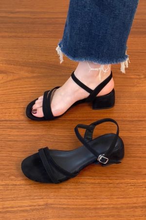 Chunky Heel Open-Toe One-Strap Sandals for Women - Summer 2025 Mid-Heel Sheepskin Footwear in Plus Sizes - Trendy Summer Style