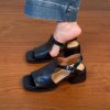 Chunky Heel Open Toe Sandals for Women - Black Square Toe Cowhide Summer 2025 Versatile High Heels