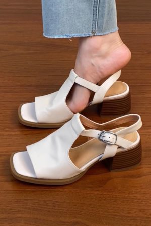 Chunky Heel Open Toe Sandals for Women - Black Square Toe Cowhide Summer 2025 Versatile High Heels