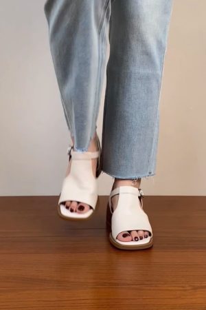 Chunky Heel Open Toe Sandals for Women - Black Square Toe Cowhide Summer 2025 Versatile High Heels