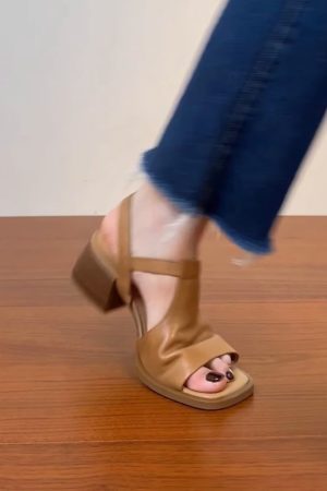 Chunky Heel Open Toe Sandals for Women - Black Square Toe Cowhide Summer 2025 Versatile High Heels