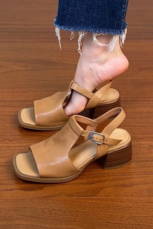 Chunky Heel Open Toe Sandals for Women - Black Square Toe Cowhide Summer 2025 Versatile High Heels