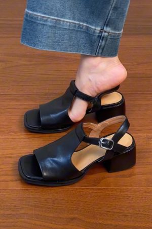 Chunky Heel Open Toe Sandals for Women - Black Square Toe Cowhide Summer 2025 Versatile High Heels