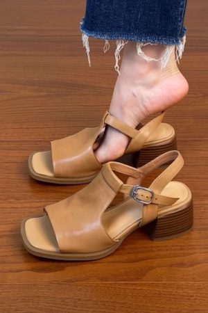 Chunky Heel Open Toe Sandals for Women - Black Square Toe Cowhide Summer 2025 Versatile High Heels