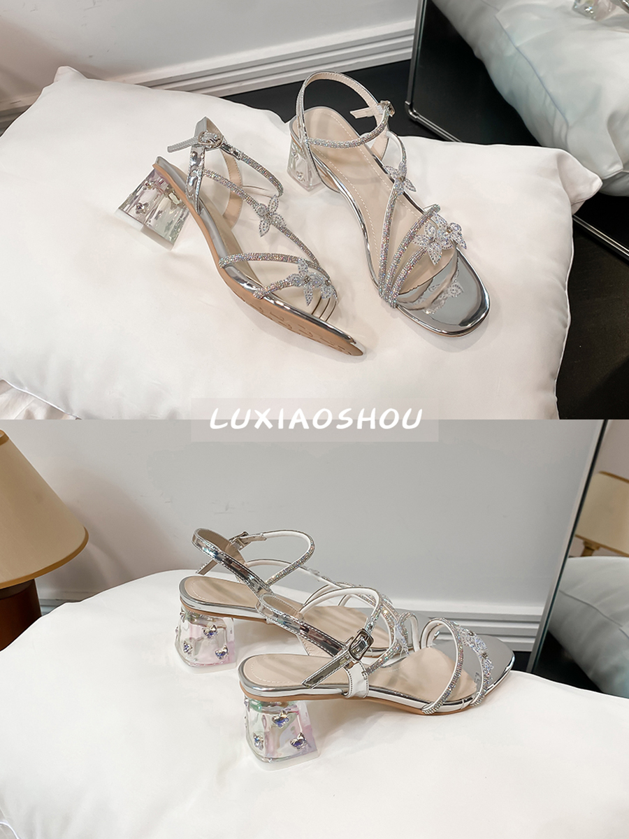 Chunky Heel Open-Toe Silver Rhinestone Sandals for Women with Stunning Bowknot Crystal Detail - Summer Fashion Must-Have Chunky Heel Open-Toe Silver Rhinestone Sandals for Women with Stunning Bowknot Crystal Detail - Summer Fashion Must-Have