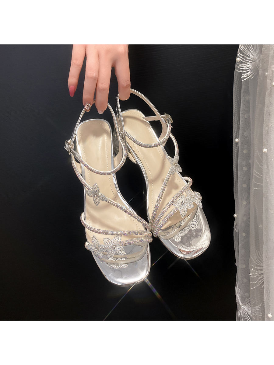 Chunky Heel Open-Toe Silver Rhinestone Sandals for Women with Stunning Bowknot Crystal Detail - Summer Fashion Must-Have Chunky Heel Open-Toe Silver Rhinestone Sandals for Women with Stunning Bowknot Crystal Detail - Summer Fashion Must-Have