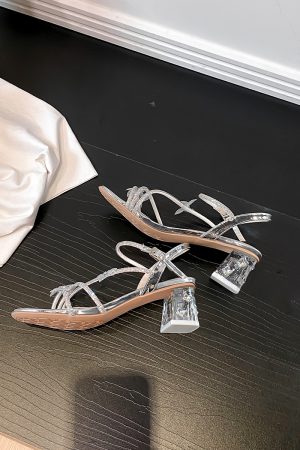 Chunky Heel Open-Toe Silver Rhinestone Sandals for Women with Stunning Bowknot Crystal Detail - Summer Fashion Must-Have