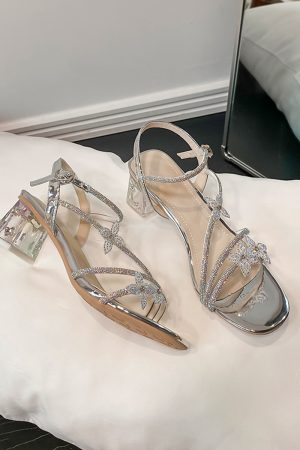 Chunky Heel Open-Toe Silver Rhinestone Sandals for Women with Stunning Bowknot Crystal Detail - Summer Fashion Must-Have