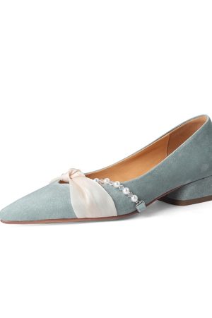 Chunky Heel Pearl Pointed Toe Women's Evening Shoes in Genuine Leather & Sheepskin Suede - Chic French Style
