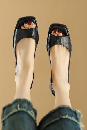 Chunky Heel Peep Toe Sandals for Women - Simple Square Toe, Back Strap, High Heel, 2025 Summer Style in Layered Cowhide