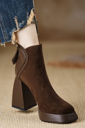Chunky Heel Short Boots - Waterproof Genuine Leather, Height-Enhancing 9CM, Stylish Coffee Color, Perfect for Y2K and 90s Fashion