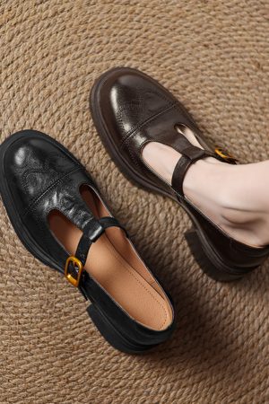 Chunky Heel T-Strap Loafers for Women - Mid-Heel Round Toe Hollow-Out Leather Shoes, 2025 Trendy Fashion Footwear