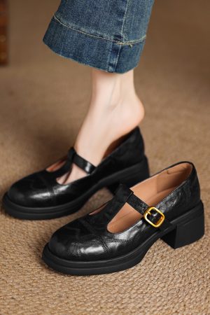 Chunky Heel T-Strap Loafers for Women - Mid-Heel Round Toe Hollow-Out Leather Shoes, 2025 Trendy Fashion Footwear
