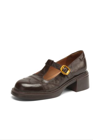 Chunky Heel T-Strap Loafers for Women - Mid-Heel Round Toe Hollow-Out Leather Shoes, 2025 Trendy Fashion Footwear