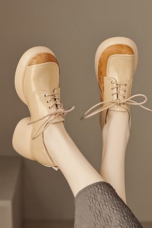 Chunky Heel Women's Italian-Style Genuine Leather Round Shoes - Comfortable Thick-Soled Soft Sole 6.5 cm Height