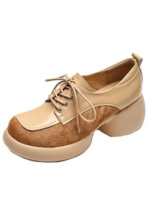 Chunky Heel Women's Italian-Style Genuine Leather Round Shoes - Comfortable Thick-Soled Soft Sole 6.5 cm Height