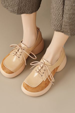 Chunky Heel Women's Italian-Style Genuine Leather Round Shoes - Comfortable Thick-Soled Soft Sole 6.5 cm Height