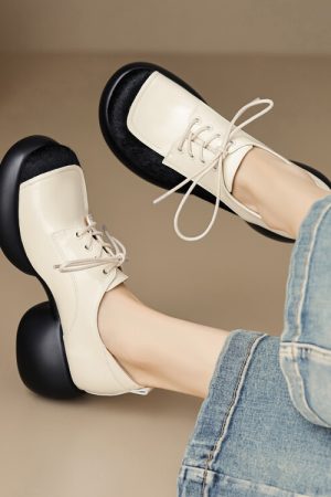 Chunky Heel Women's Italian-Style Genuine Leather Round Shoes - Comfortable Thick-Soled Soft Sole 6.5 cm Height