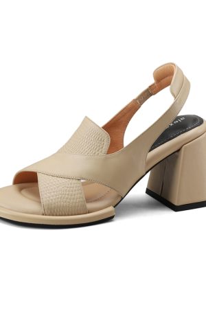 Chunky-Heeled Backless Sandals for Women - Genuine Leather Open-Toe Roman Shoes in Apricot - Stylish Commuting Footwear