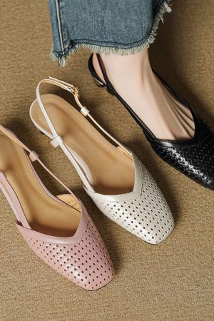 Chunky Heeled Hollow Out Open-Toe Sandals for Women - Summer Genuine Leather Backless Footwear - 3CM Comfort Sole