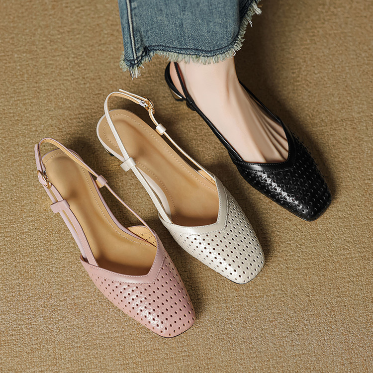 Chunky Heeled Hollow Out Open-Toe Sandals for Women - Summer Genuine Leather Backless Footwear - 3CM Comfort Sole Chunky Heeled Hollow Out Open-Toe Sandals for Women - Summer Genuine Leather Backless Footwear - 3CM Comfort Sole